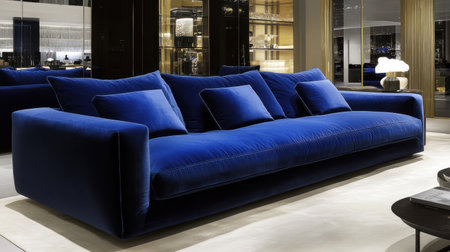 This image features an elegant blue sofa positioned in a luxurious and modern interior setting, highlighting its chic design and comfort. Ideal for showcasing contemporary furniture aesthetics.の素材