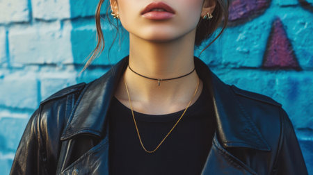 A fashionable young woman showcases her style wearing a leather jacket and delicate jewelry. With a vibrant graffiti wall behind her, she exudes modern elegance and urban confidence. Ideal for lifestyle imagery.の素材