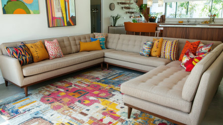 This image captures a modern living room featuring a stylish beige couch adorned with colorful pillows. A vibrant rug adds warmth.の素材