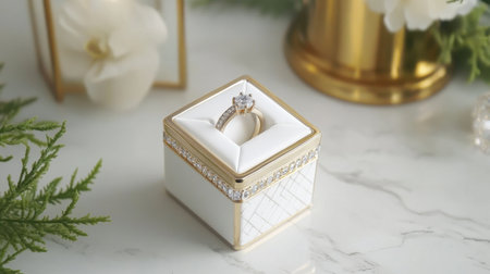 A beautifully crafted engagement ring showcased in a luxurious box, surrounded by elegant decor. Perfect for romantic occasions and celebrations of love.の素材