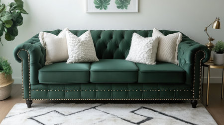 This elegant green Chesterfield sofa adds a touch of sophistication to any living room, complemented by decorative pillows and stylish elements.の素材