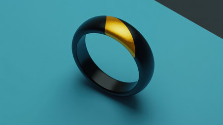 This striking modern ring features a sleek black band with a gold accent, set against a vibrant blue background. Ideal for fashion and jewelry brands.の素材