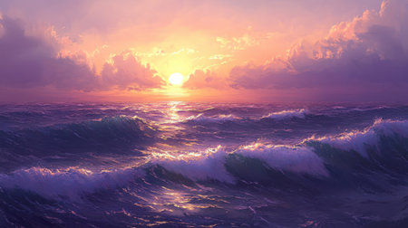 A breathtaking view of a tranquil ocean at sunset, with gentle waves and vibrant colors reflecting in the sky. The serene atmosphere invites relaxation and appreciation of nature's beauty.の素材