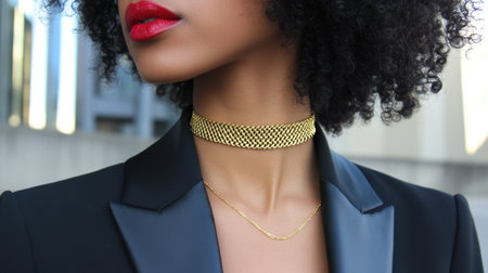 A stunning portrait of a fashionable woman showcasing her chic style with a golden choker and bold red lipstick, exuding confidence and elegance.の素材