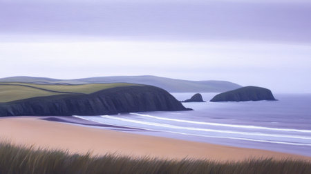 This tranquil coastal landscape features gentle waves lapping against a sandy beach, framed by rolling green hills under soft clouds. Perfect for calm ambiance.の素材