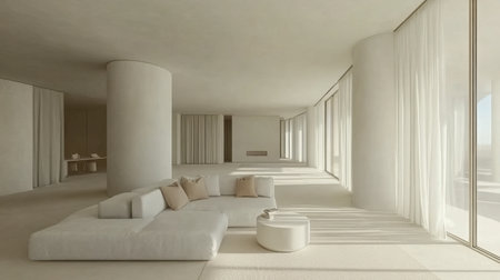 A spacious and bright minimalist living room featuring large windows. The subtle decor and soft textures create a tranquil environment perfect for relaxation.の素材