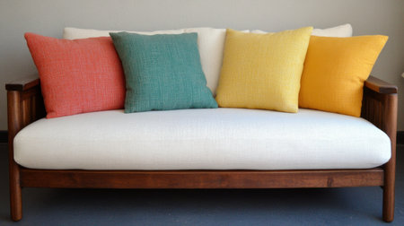 This image showcases a cozy modern sofa adorned with colorful cushions, perfect for enhancing any living space's warmth and style. The bright colors invite relaxation.の素材