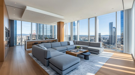 A stylish modern living room features a panoramic city view with floor-to-ceiling windows. The contemporary furniture offers comfort and elegance.の素材