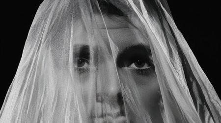 This captivating black and white portrait features a person draped in a veil, creating a sense of mystery and intrigue that evokes deep emotions.の素材
