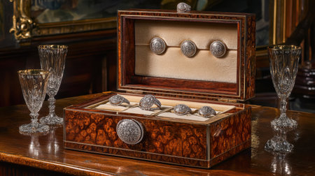 A captivating vintage jewelry box adorned with ornate rings sits elegantly among crystal glassware, showcasing fine craftsmanship and timeless beauty.の素材