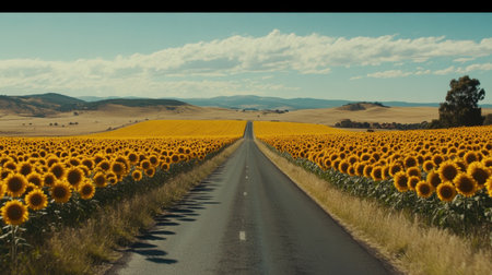 A stunning view of a long, empty road flanked by bright sunflowers under a clear blue sky. The scene captures the essence of peaceful rural beauty and adventure.の素材