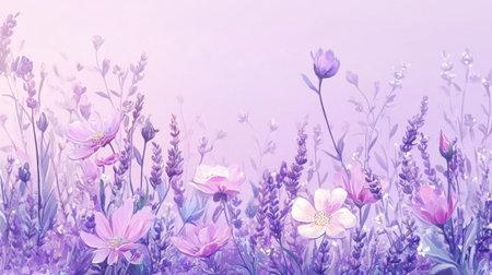This serene illustration depicts a tranquil floral landscape filled with lavender and wildflowers in various shades of purple, perfect for backgrounds.の素材