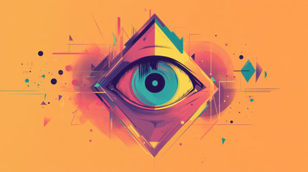 This vibrant abstract illustration features a stylized eye surrounded by geometric shapes and bold colors, symbolizing perception and creativity in a captivating design.の素材