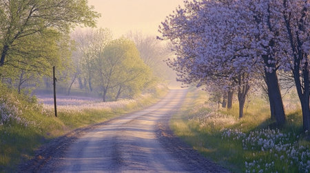 A beautiful spring landscape featuring a rural road lined with blooming trees and vibrant flowers. The soft morning light creates a peaceful and serene atmosphere.の素材