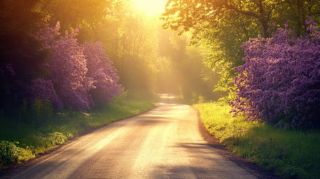 A captivating image featuring a sunlit road meandering through a serene forest, adorned with vibrant purple flowers and lush greenery, inviting tranquility and peace.の素材