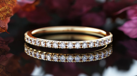 This stunning gold band ring features a row of sparkling diamonds, creating a luxurious reflection on a dark surface, accentuated by autumn leaves in the background.の素材