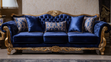 This image showcases a lavish blue velvet sofa with intricate gold detailing, adorned with decorative cushions, ideal for elegant living room interiors.の素材