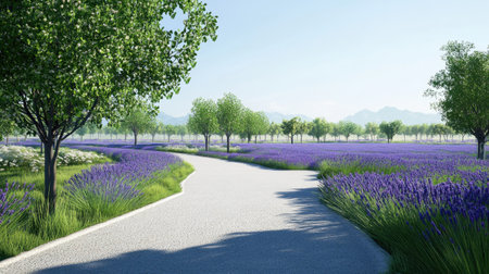 A serene landscape featuring a winding pathway through vibrant lavender fields, surrounded by lush green trees and a clear blue sky. Perfect for conveying tranquility and natural beauty.の素材