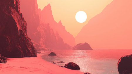 A breathtaking scene showcasing a vibrant sunset over a peaceful beach, framed by majestic mountains and calm waters, evoking tranquility and natural beauty.の素材