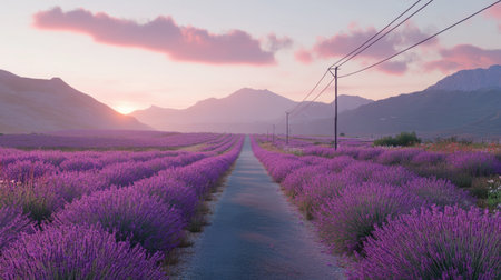 A stunning view of vibrant lavender fields stretching towards the horizon, bathed in the soft light of a sunset, creating a serene and picturesque landscape.の素材