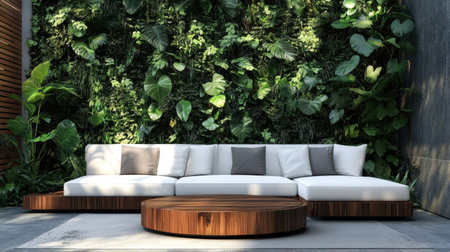 A modern outdoor lounge area featuring a stylish white sofa and circular wooden table, surrounded by lush greenery, perfect for relaxation and tranquility.の素材