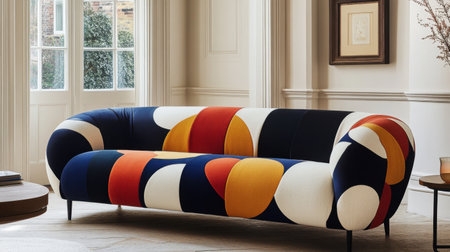 A modern abstract sofa adorned with vibrant patterns is the centerpiece in a stylish living room, reflecting contemporary design and sophistication.の素材