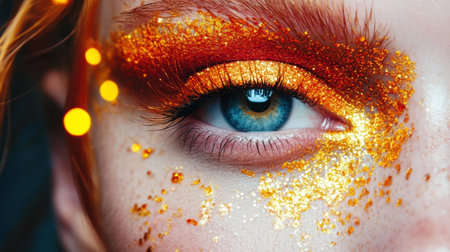 This captivating close-up image features a woman's eye adorned with striking orange and gold glitter makeup, showcasing the artistry and creativity of modern beauty trends.の素材