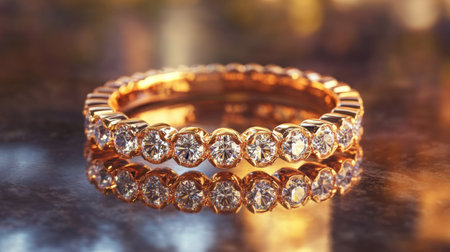 This stunning gold ring features a row of sparkling diamonds, beautifully reflecting light on a polished surface. Ideal for luxury jewelry displays, this piece embodies elegance and charm for various occasions.の素材