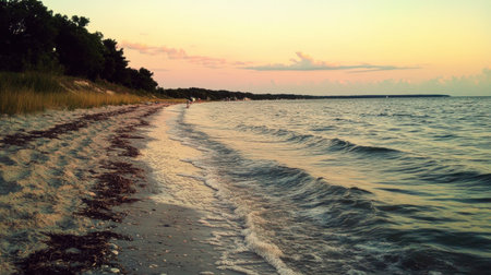 A serene beach scene capturing the tranquil sunset over calm waters, with gentle waves lapping the shore and trees lining the coastline.の素材