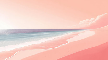Experience the tranquility of a serene beach at sunset, with soft waves lapping against the pink sand under a warm sky filled with gentle clouds.の素材