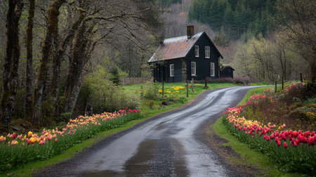 A charming black house sits near a winding gravel road, lined with blooming tulips of various colors, surrounded by lush green trees, creating a tranquil scene.の素材