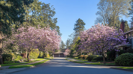 A tranquil residential street showcases stunning cherry blossom trees in full bloom, creating a picturesque scene under a clear blue sky.の素材