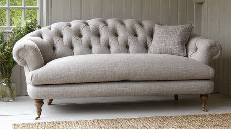 A beautifully designed tufted sofa in soft gray fabric, featuring a decorative pillow, exudes elegance and comfort in a stylish living space.の素材