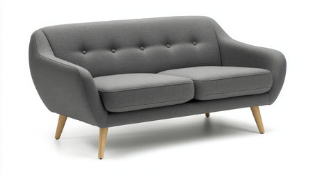 This elegant gray sofa features a sleek design with wooden legs and button tufting, making it an excellent choice for contemporary home interiors.の素材