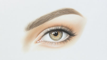 A stunning close-up illustration of a human eye featuring intricate details of the iris, eyelashes, and eyebrows. The soft, natural tones and realistic textures create a captivating image that evokes beauty and emotion. Ideal for art, beauty, and cosmetic projects.の素材