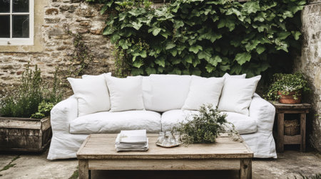 A charming outdoor seating area featuring a cozy white sofa adorned with cushions, complemented by a rustic wooden table amidst lush garden greenery.の素材