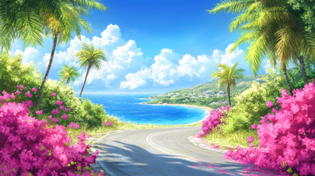 A picturesque coastal scene featuring a winding road lined with vibrant flowers and tall palm trees, leading to a beautiful ocean view under a bright sky.の素材