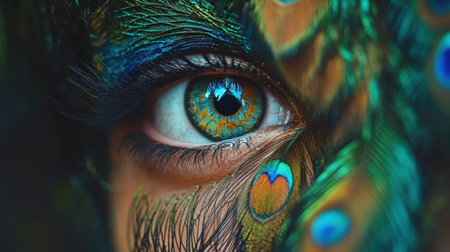 This stunning close-up captures a mesmerizing eye framed by vibrant peacock feathers, showcasing the intricate beauty of nature's artistry and color.の素材