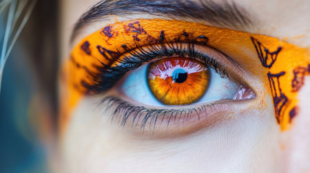 This captivating close-up showcases vibrant orange eye makeup featuring intricate artistic designs on the upper eyelid, emphasizing beauty and creativity.の素材