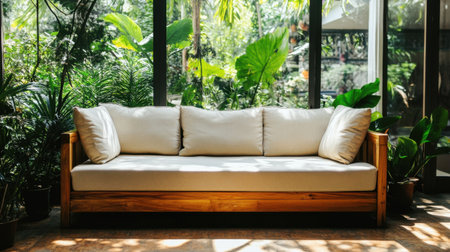 A cozy sofa with light fabric cushions rests in a bright indoor setting, surrounded by lush greenery, creating a tranquil and comfortable atmosphere perfect for relaxation.の素材
