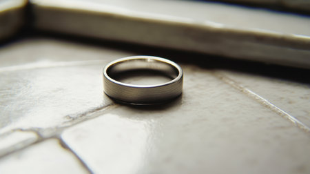 An exquisite silver wedding ring rests gracefully on a textured surface, capturing the essence of modern simplicity in soft natural light, perfect for romantic themes.の素材