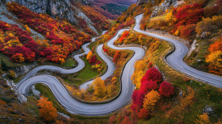 A breathtaking aerial view of a winding road nestled in a vibrant autumn landscape, showcasing rich reds and oranges. The scene offers a serene atmosphere perfect for nature lovers and travel enthusiasts.の素材