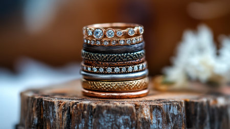 A captivating stack of elegant rings featuring diamonds and various metals resting on a rustic wooden surface, perfect for showcasing jewelry beauty.の素材