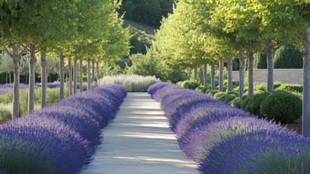 A stunning view of a serene pathway flanked by vibrant lavender fields and lush green trees, offering a peaceful and tranquil outdoor experience.の素材