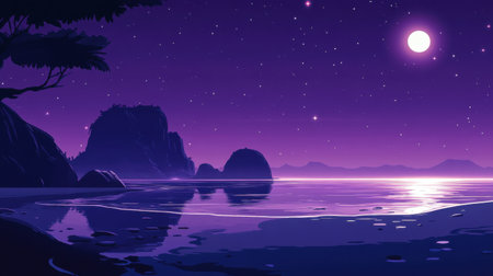 This captivating digital artwork captures a serene moonlit seascape featuring silhouetted rocks and a vibrant purple sky filled with stars.の素材