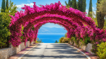 A picturesque road lined with a vibrant arch of blooming bougainvillea, leading to a breathtaking sea view, evokes tranquility and natural beauty.の素材