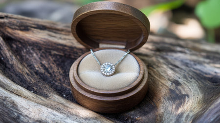A stunning silver necklace featuring a brilliant diamond pendant sits elegantly inside a wooden jewelry box, surrounded by natural textures.の素材