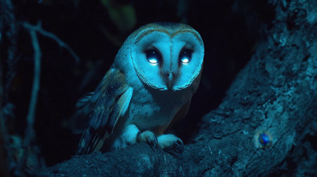 This captivating image features an owl perched on a tree branch in a dimly lit forest, its glowing eyes enhancing the mysterious nighttime atmosphere.の素材