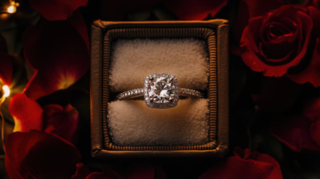 A stunning diamond engagement ring displayed in an elegant gift box, surrounded by delicate red roses and petals, symbolizing love and commitment.の素材