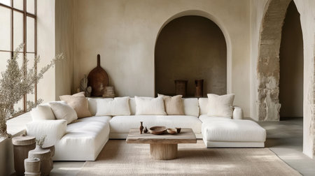 A beautifully designed minimalist living room featuring a spacious white sectional sofa and neutral tones, complemented by elegant wooden accents and natural decor.の素材